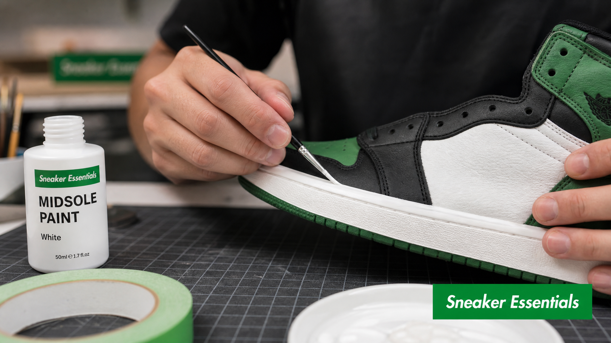 Detailfoto van het verven van een witte sneakermidsole met een kwastje tijdens het customizen