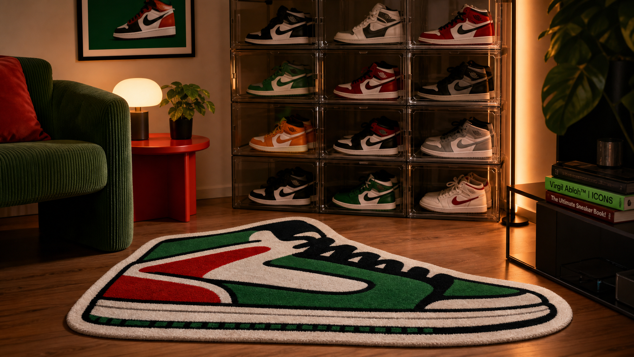 Sneakerhead kamer met een sneaker vloerkleed en een wanddisplay vol sneakers