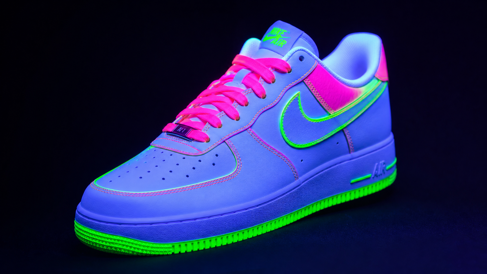 Sneaker met een felle neon groene en roze leerverf uitvoering die oplicht onder UV licht