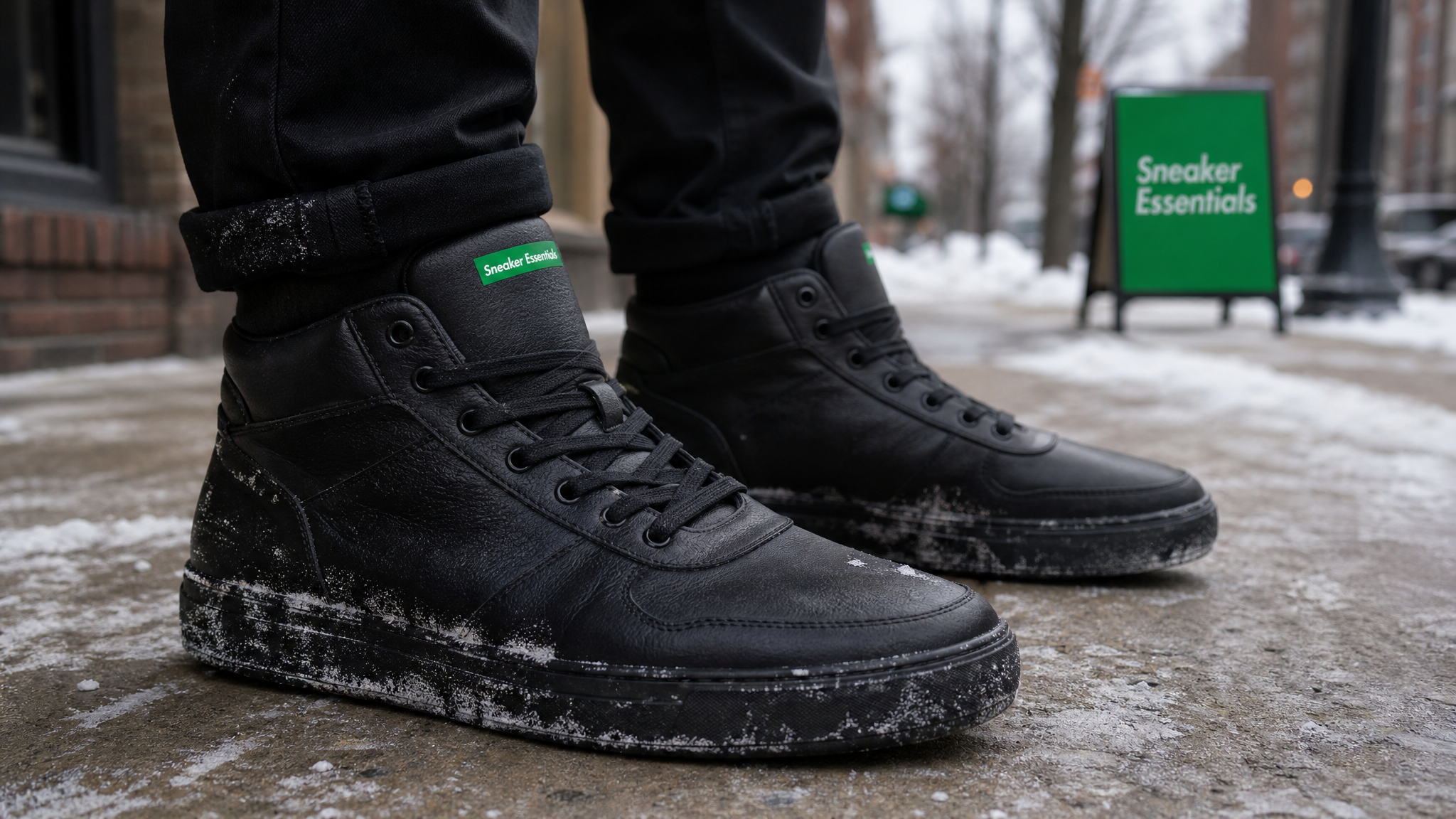 Leren sneakers met sporen van strooizout op een besneeuwde stoep in de winter